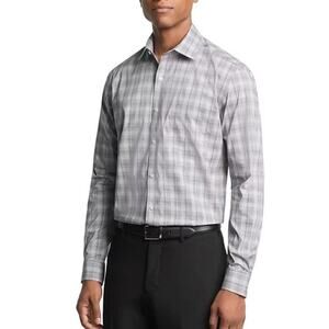 REISS Dress Shirt Men M Slim Fit Woven Gray Check Plaid Long Sleeves Cotton